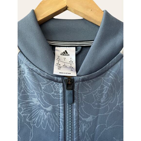 Adidas Floral Embossed Blue Zip Up Striped Sleeve Athletic Track Jacket Size S - Picture 2 of 7